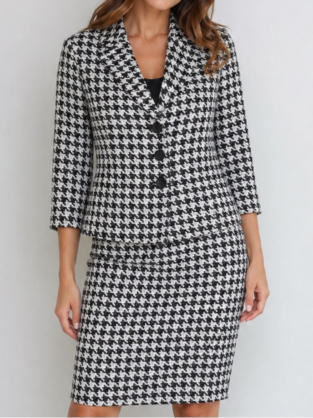 Kasper Black White Houndstooth Skirt Jacket Career Workwear Suit